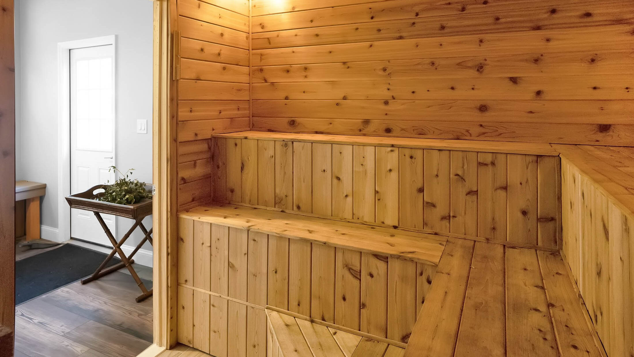 The view from inside the sauna at Chimney Hill Estate, looking out into the waiting area.