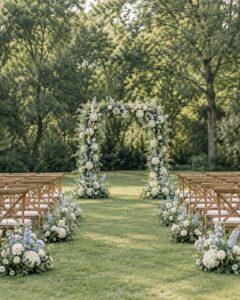 Outdoor wedding ceremony setup with floral arch and chairs against a backdrop of trees
