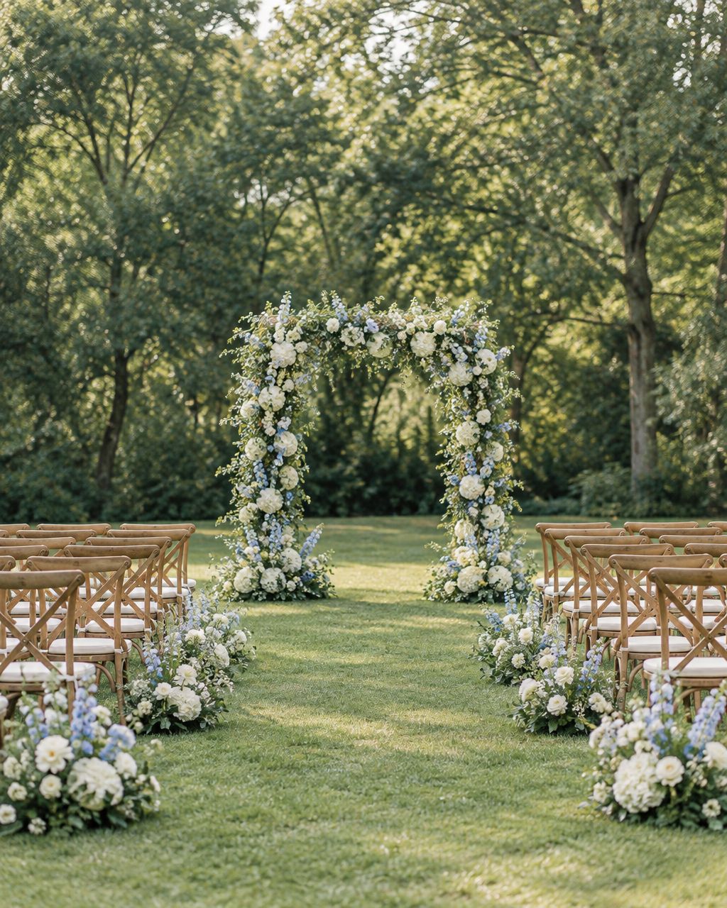 Outdoor wedding ceremony setup with floral arch and chairs against a backdrop of trees